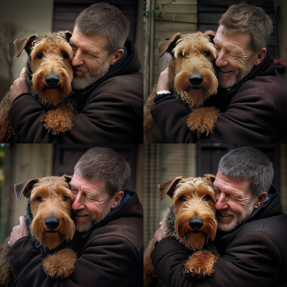 Middle-Aged Man's Heartfelt Moment with Airedale Terrier in Broad Daylight