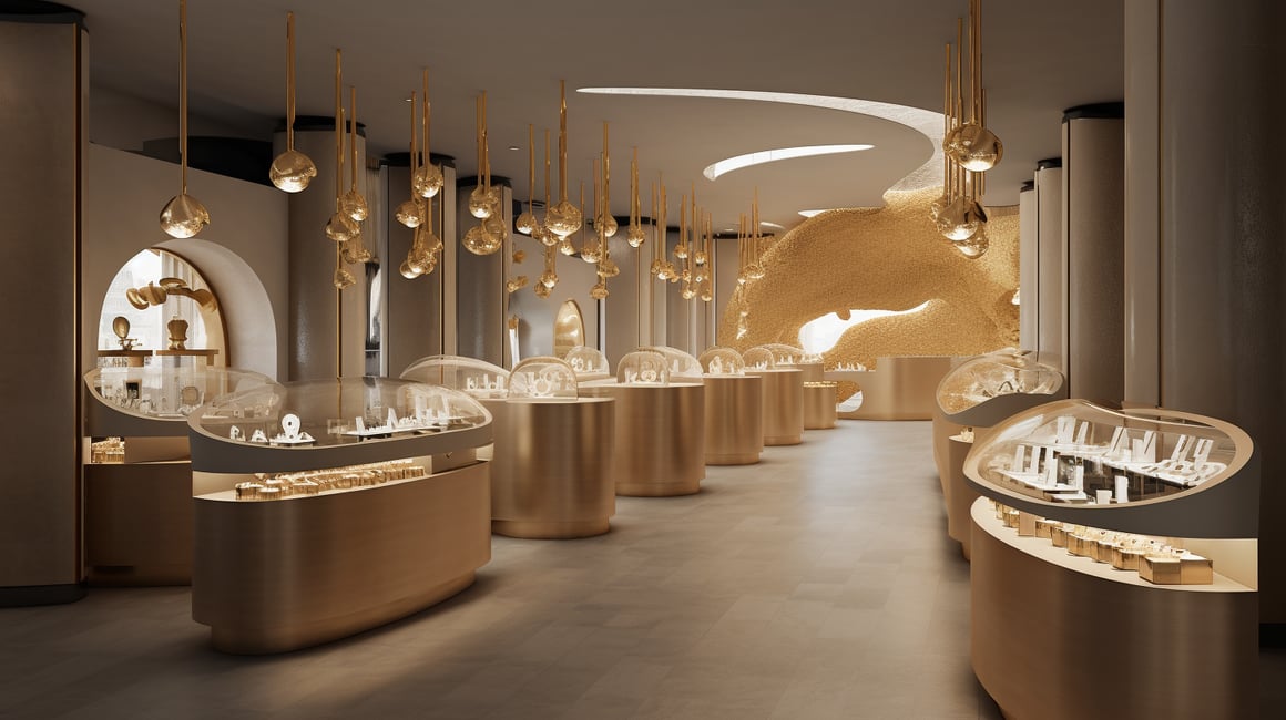 Designing a Luxurious Ibiza-Inspired Jewelry Retail Space with Gaudi-esque Elements and Dramatic Lighting