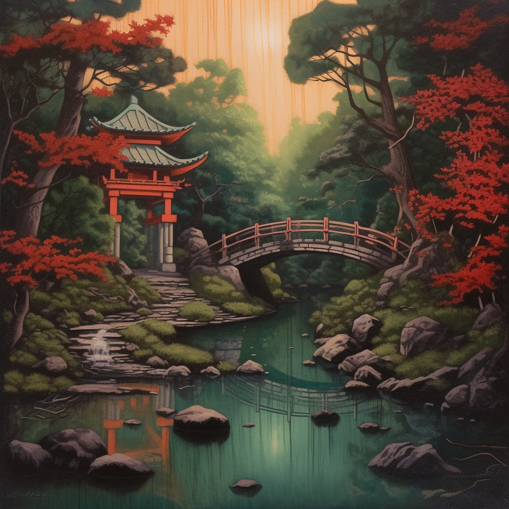 Retro Japanese Culture Structure Painting in Forest Creek - Version 5