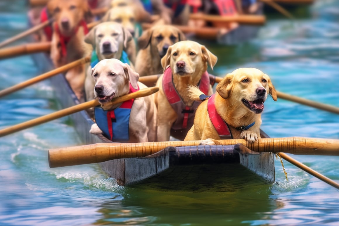 A Stylish Fusion of Labrador Retriever Dogs at Chinese Dragon Boat Race in High-Resolution Elegance