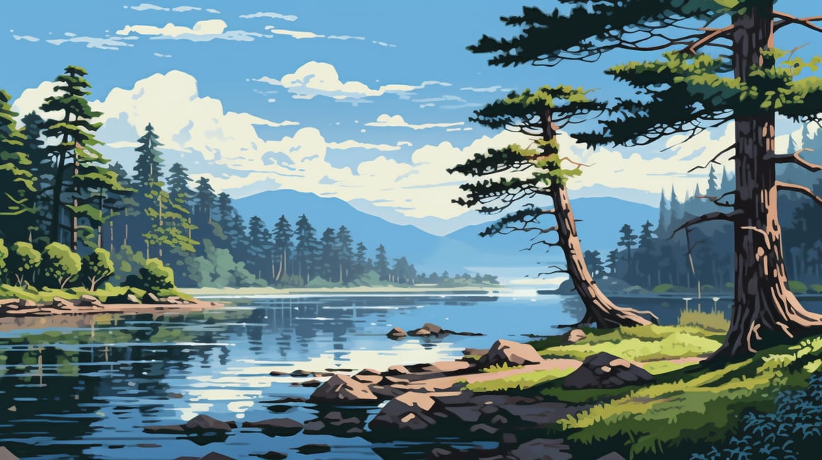 Handwritten Japanese River Landscape in Strong Sunlight