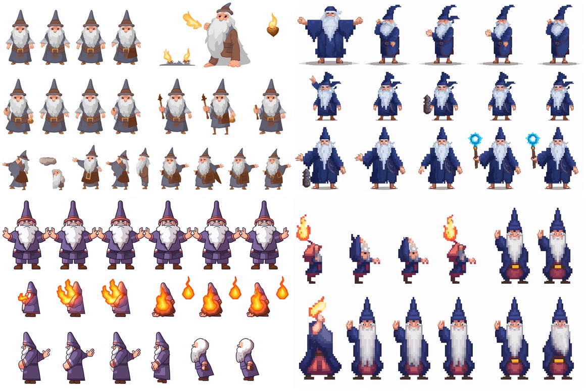 Pixel Art Wizard Character Design: Different Angles and Poses