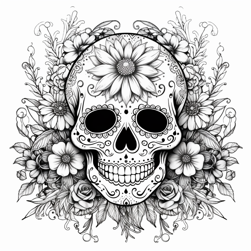 Sugar Skull and Marigold Floral Medley Coloring Page