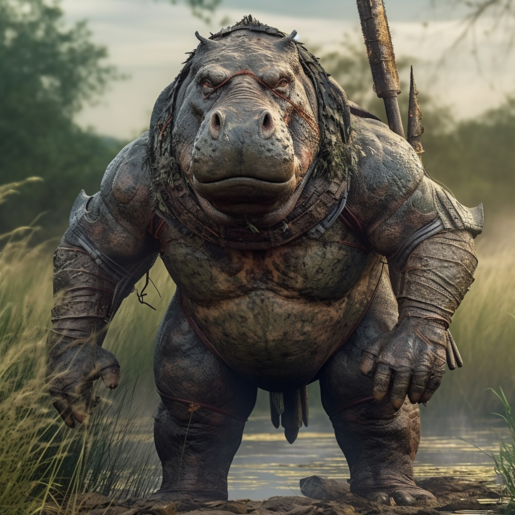 Armored Titan: Portrait of a Warrior Hippo in Wilderness