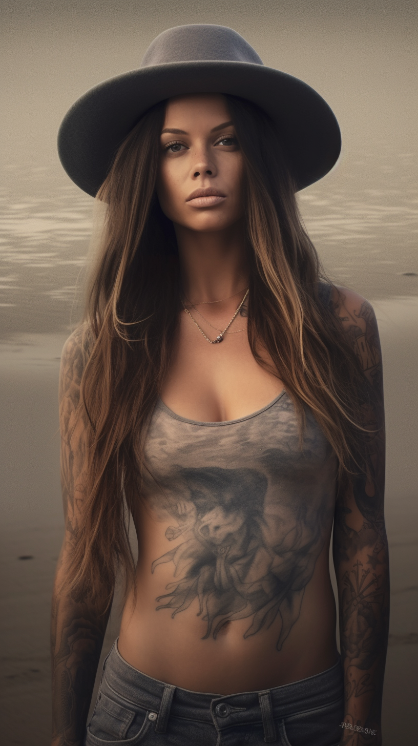 Sun-Kissed Tattooed Beauty: A Mid-Journey Portrait