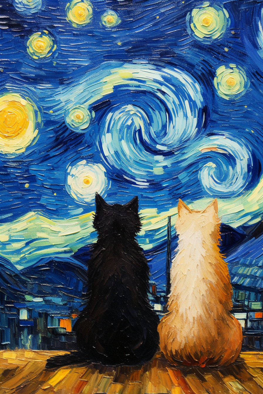 Midnight Feline Companions: A Starry Night Encounter
