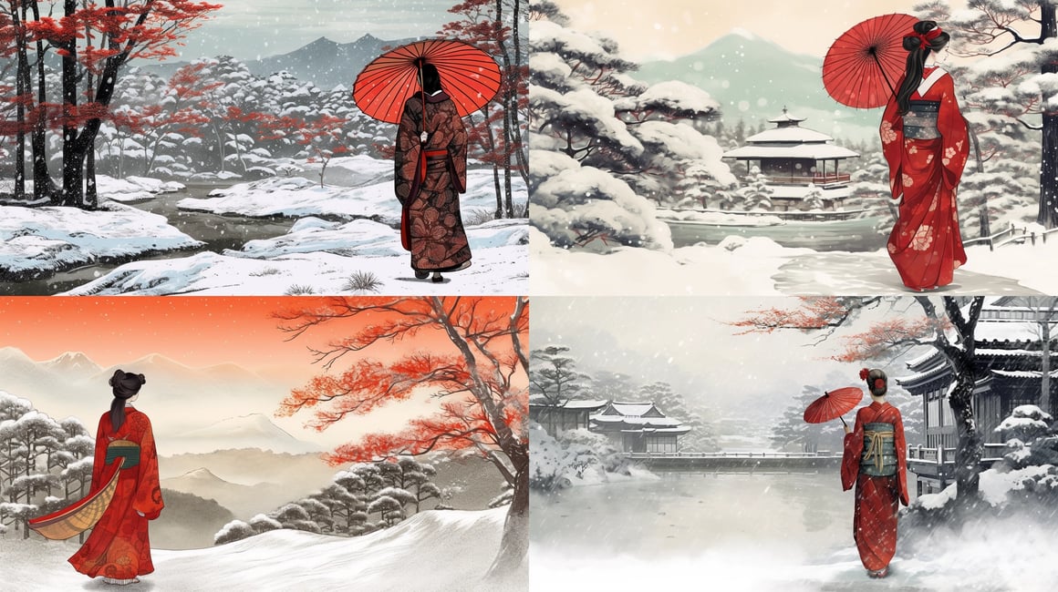 Hand-drawn Japanese Landscape Featuring a Woman in Kimono