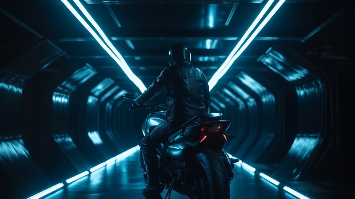 Neon Odyssey: Futuristic Bike Ride Mid-Journey