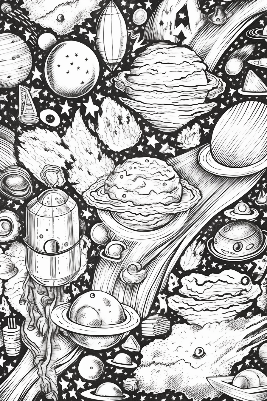 Retro Space-Themed Adult Coloring Book Page