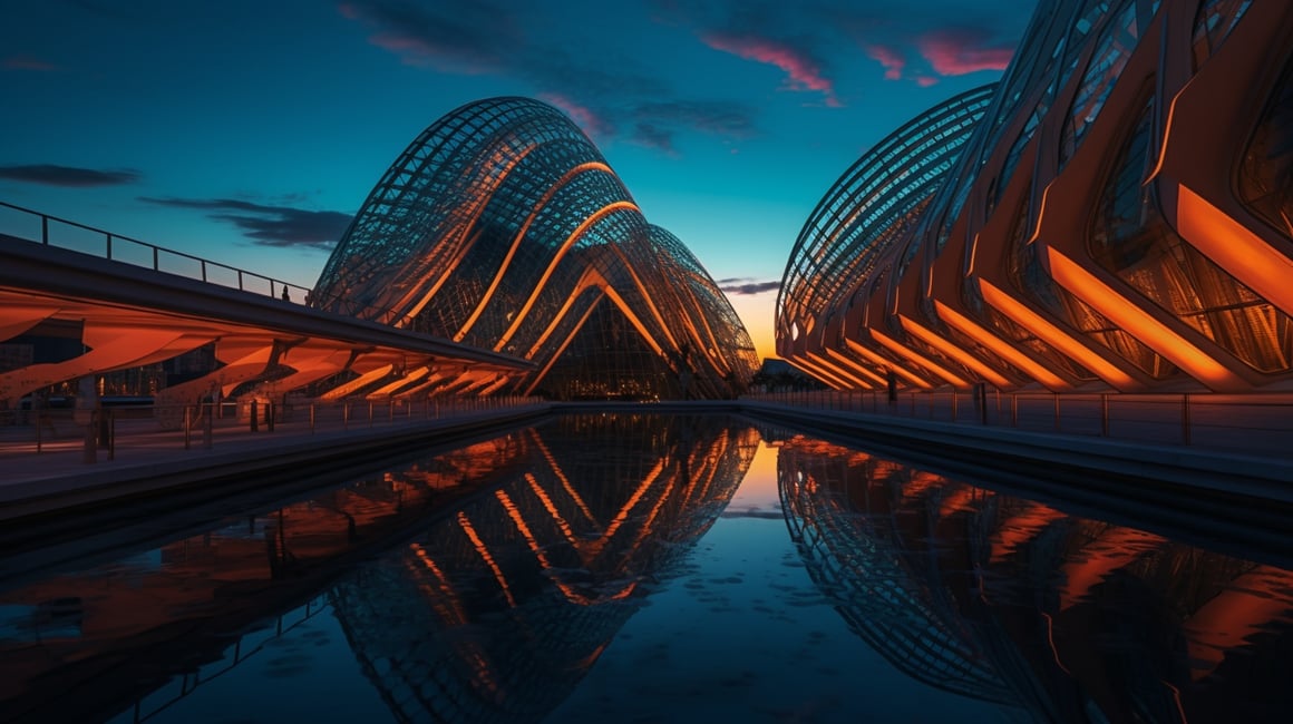 Neon Blue Edifice Against an Orange Sunset Sky