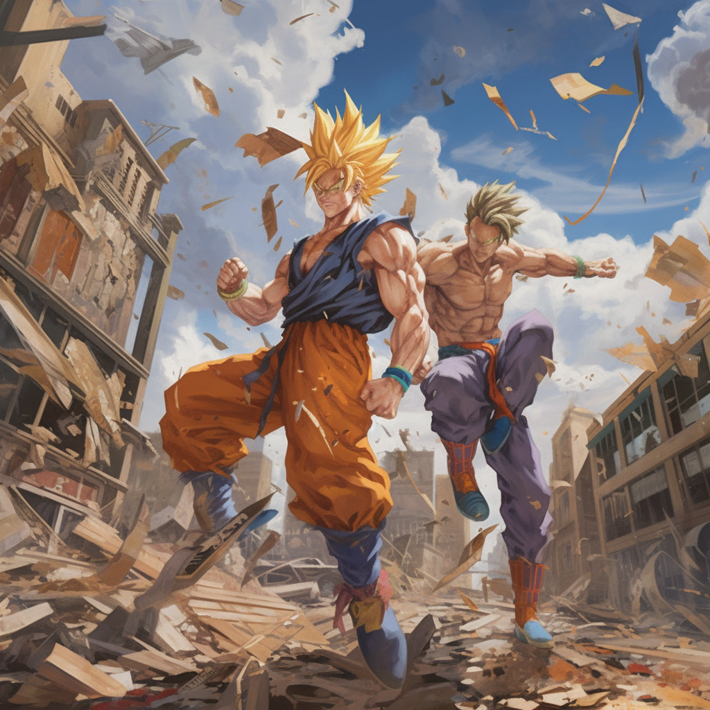 Clash of the Super Saiyans amid Ruin