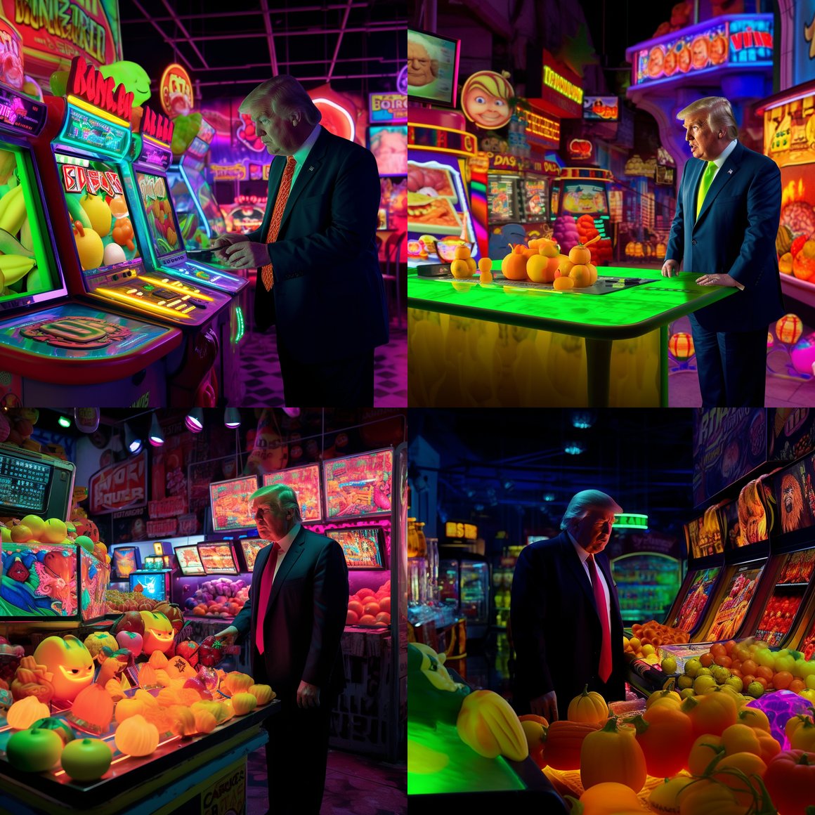 Neon Fruits Showdown: Burton's 8K Midway with Trump