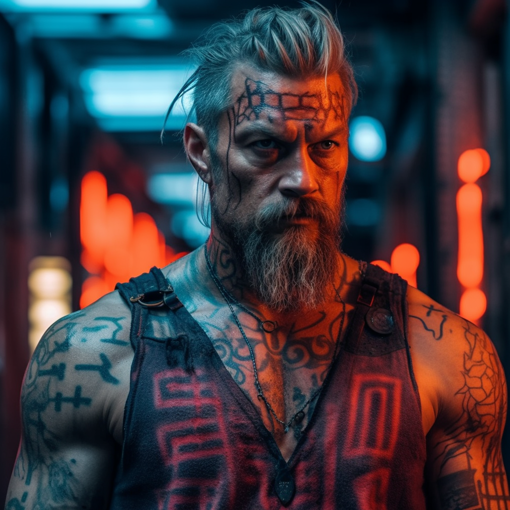 Raw Grit: Cyberpunk Viking Alleyway Encounter
