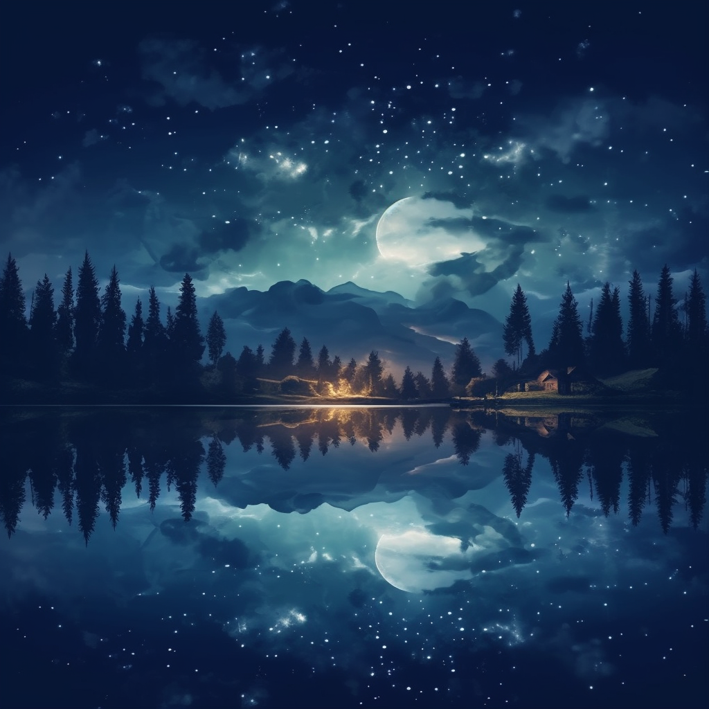 Retro Nocturnal Odyssey: Bluish Glow Lake Vista in 8K