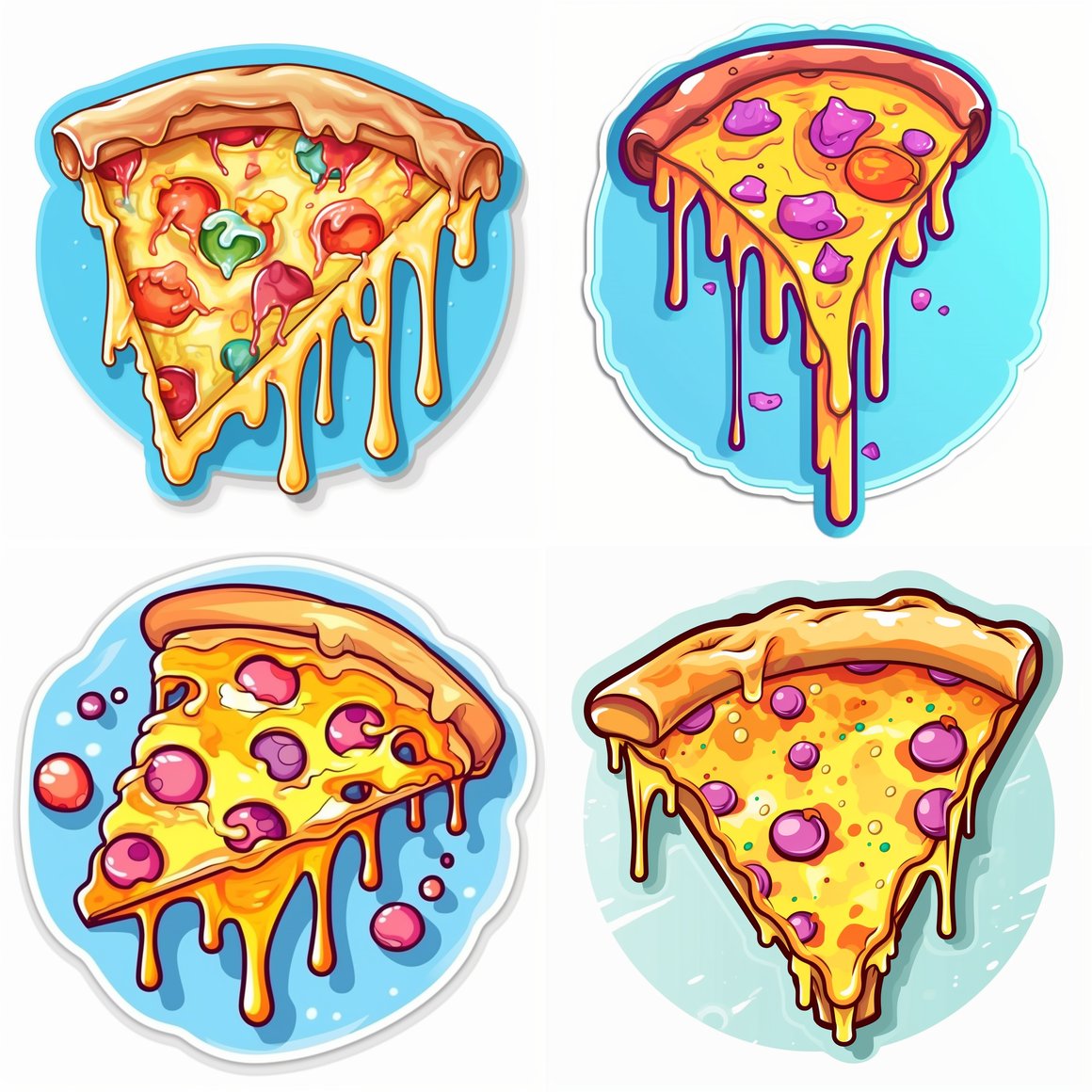 3D Pastel Contour Pizza Sticker Vector with Dripping Cheese