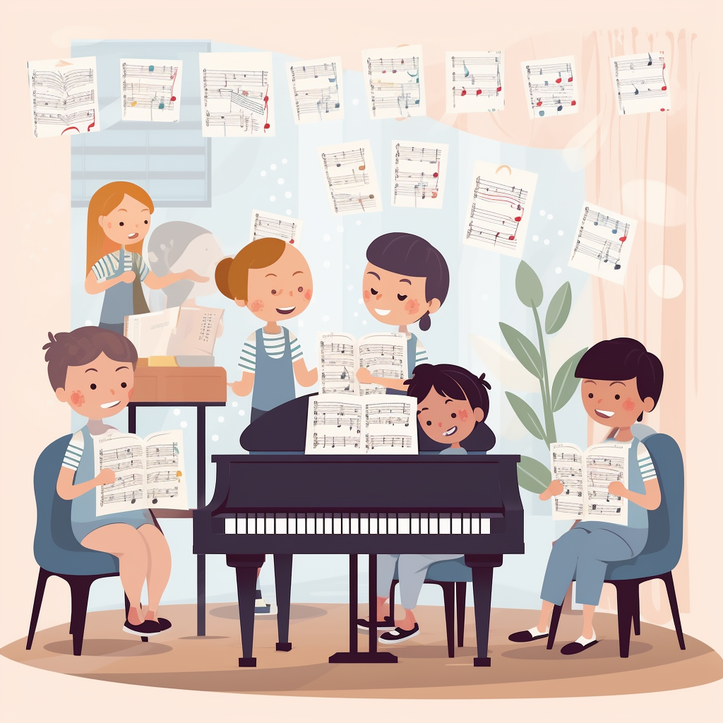 Children Discovering Music Grammar and Solfeggio in a Cozy Piano Class