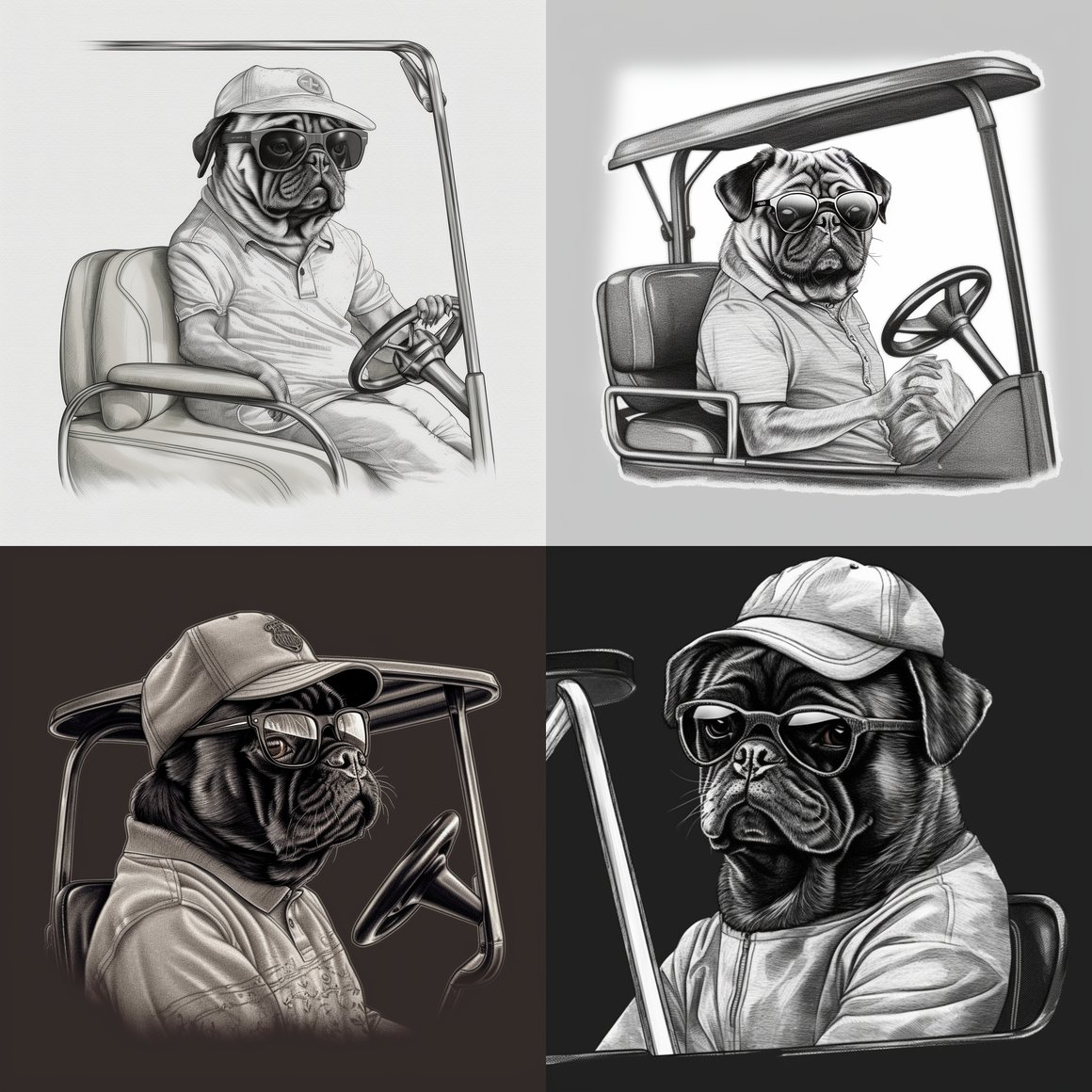 Mid-Way Technical Sketch of Fashionable Black Pug on Golf Cart Journey 4K