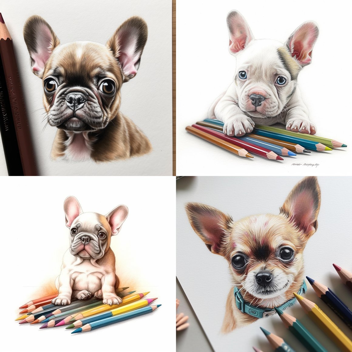 Mid-Way Sketch of a Cheerful Tiny French Bulldog Puppy in Color Pencils