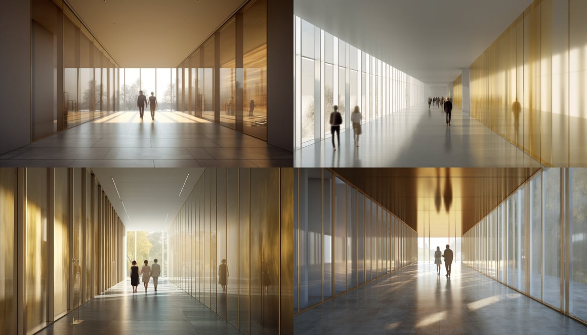 Chipperfield-Inspired Aerial Hallway Journey in Panoramic Silver and Gold