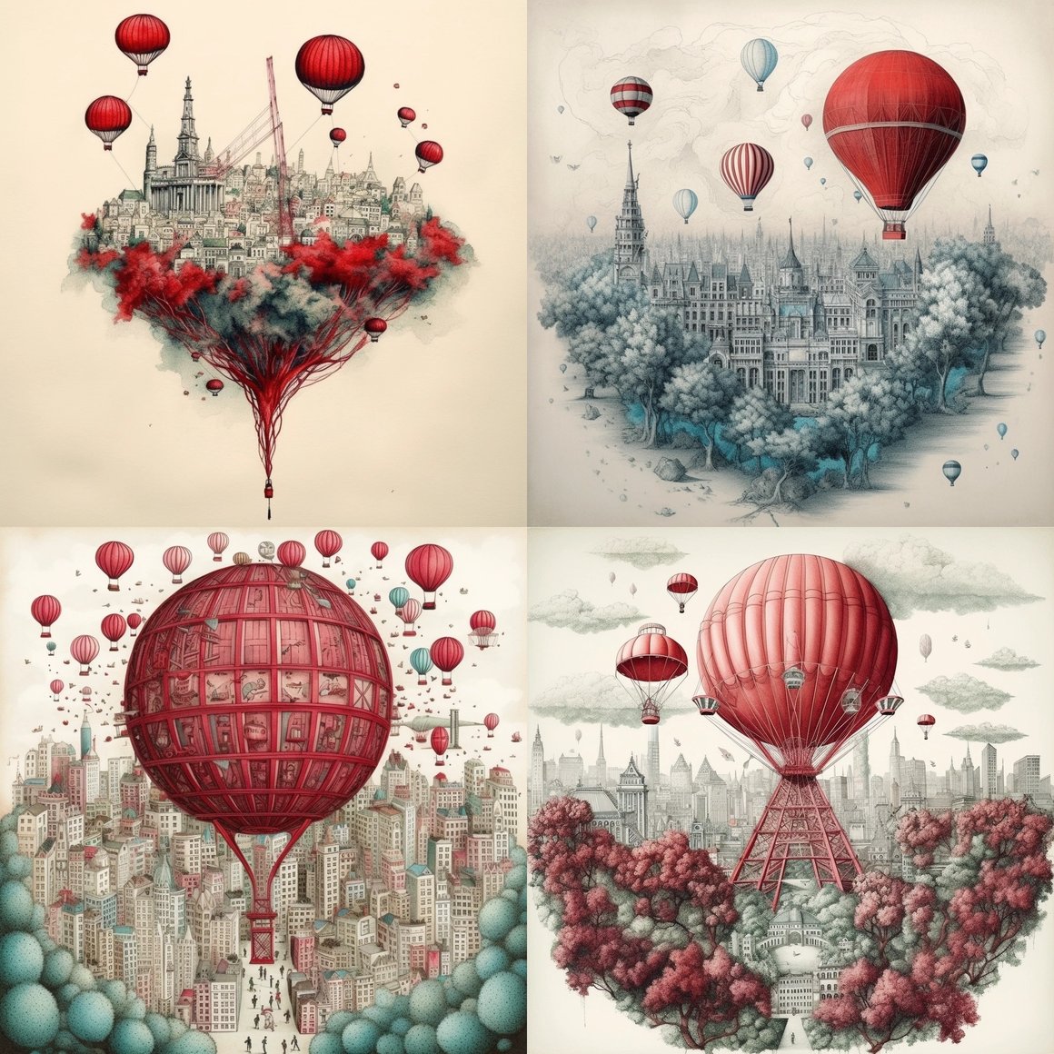 Arial Cityscape in Scarlet and Teal with Ferris Wheel Delight