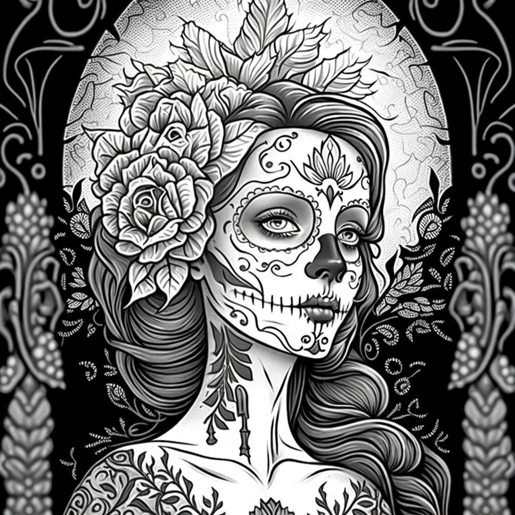 Detailed Dia de Los Muertos Adult Coloring Pages