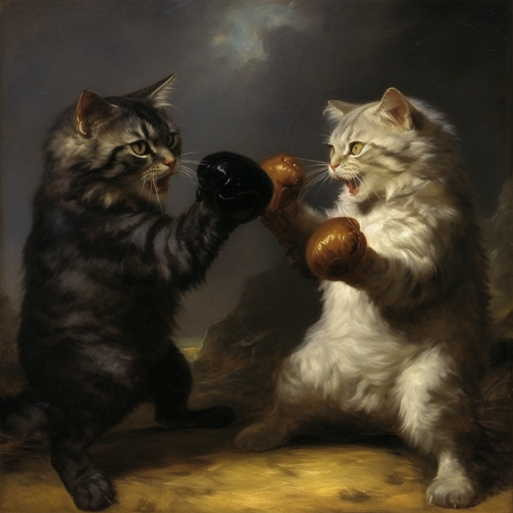 Midnight Feline Duel in Géricault's Style