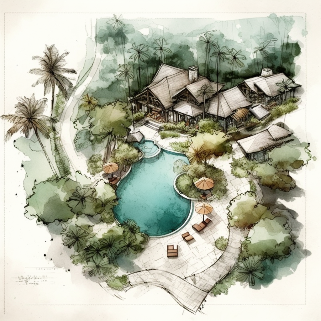 Mid-Journey Sketch Concept of a Seychelles Resort Pool Area