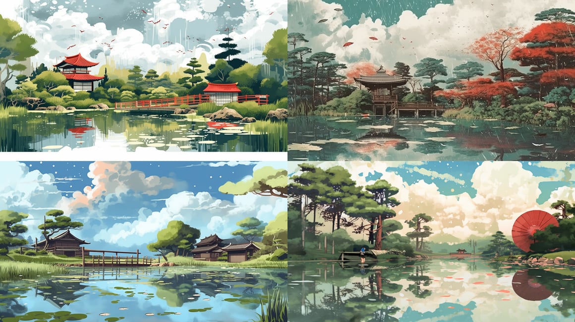 Summer Rain over Japanese Pond: A Hand-Drawn Journey