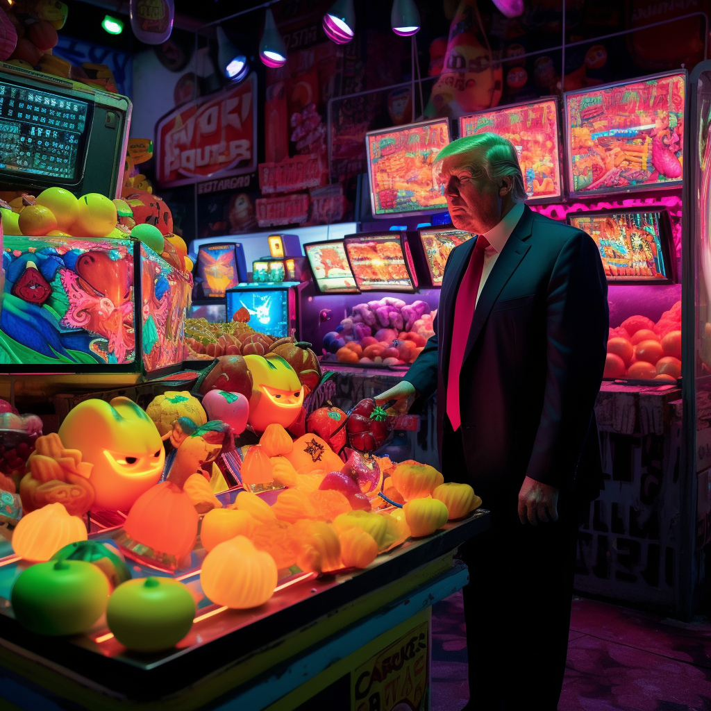 Neon Fruits Showdown: Burton's 8K Midway with Trump