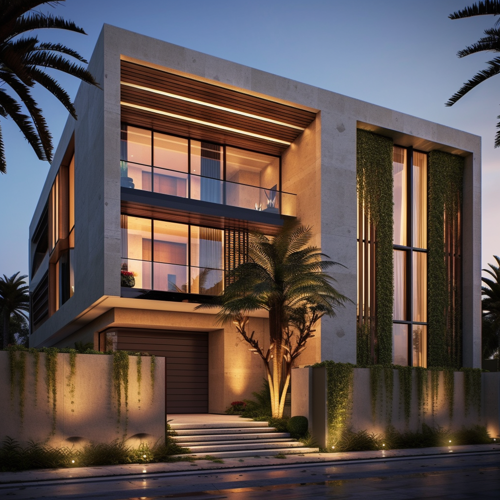 A Super Realistic, Minimalistic Design with Palm Trees and Pool, Enhanced by Stone Cladding