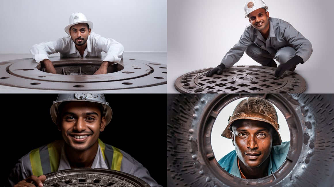 Detailed Commercial Studio Photography of an Indian Engineer with GFRP Manhole Cover