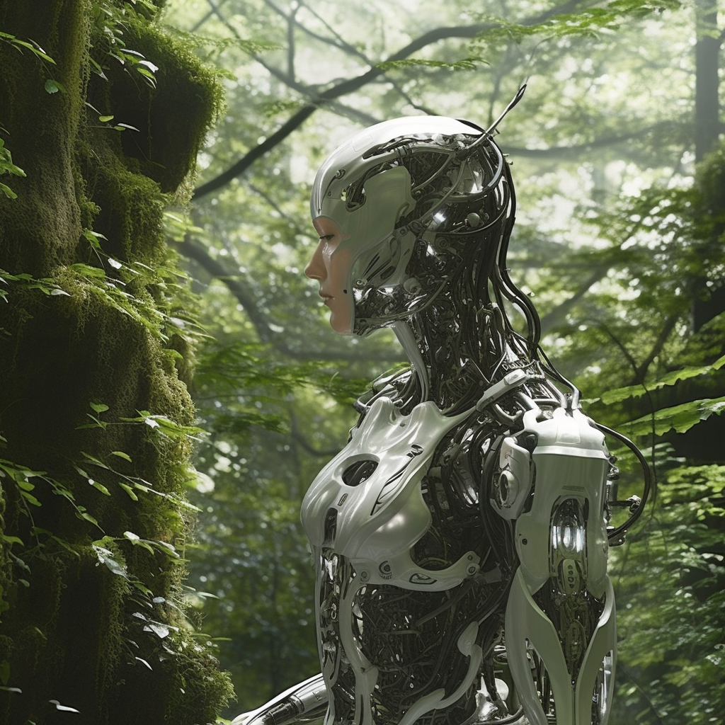 Sun-Dappled Transformation: A Cyborg's Birth in the Forest