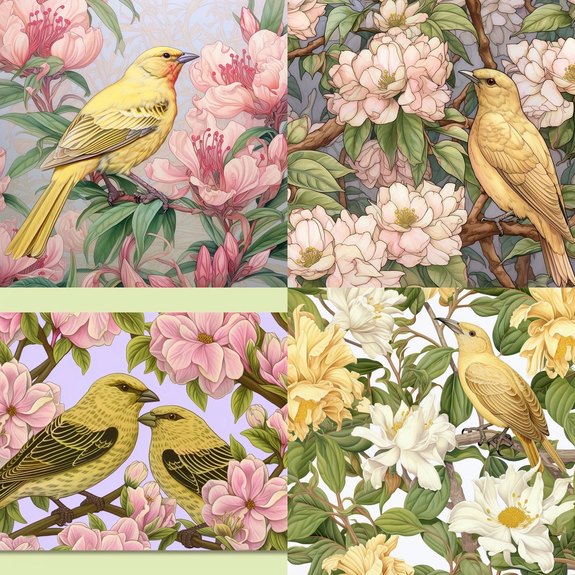 Rhododendron and Goldfinch Dance by Moebius on White