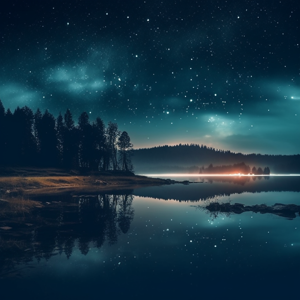 Retro Nocturnal Odyssey: Bluish Glow Lake Vista in 8K