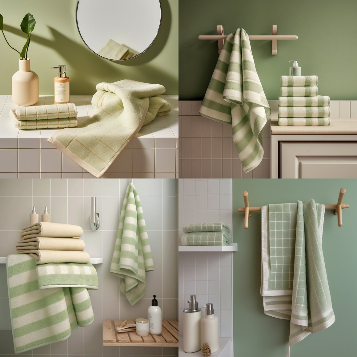 Reversible Towel Set in Pastel Green and Cream Check and Stripe Design Displayed in a Bathroom