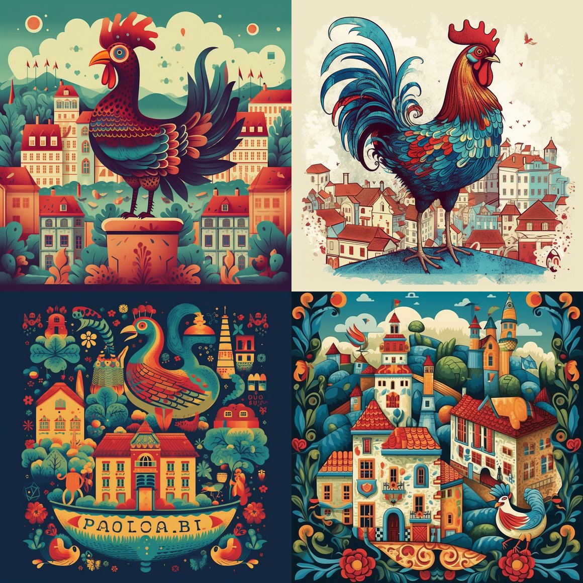 Retro Style Illustration of Gallo de Barcelos in Lisbon's Landscape