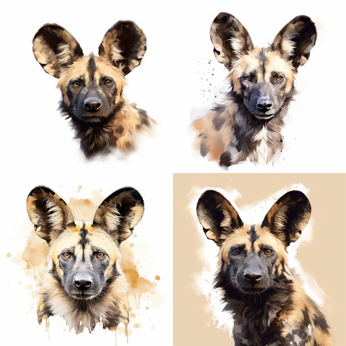 Detailed Illustration of an African Wild Dog on a Pale Canvas