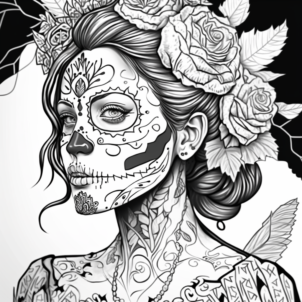 Detailed Dia de Los Muertos Adult Coloring Pages