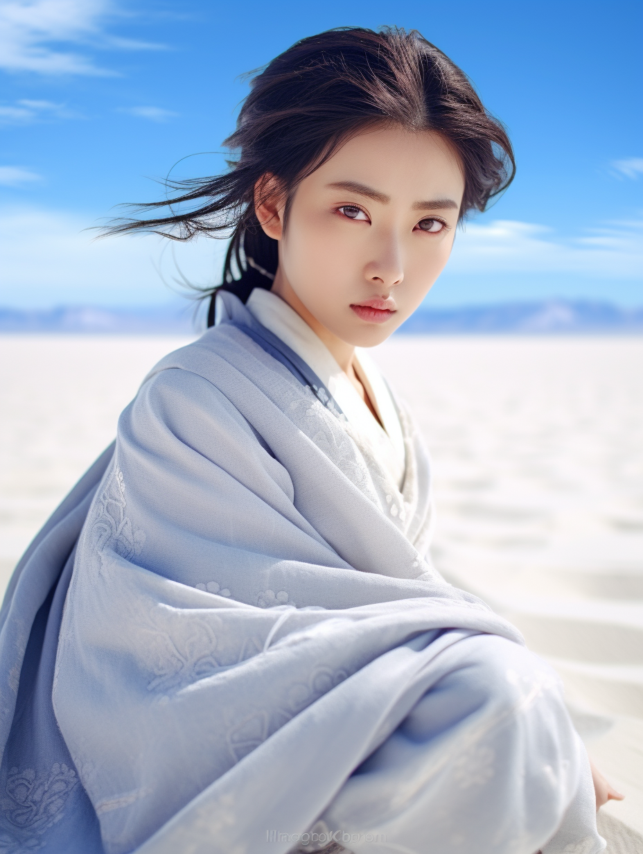 A Sublime Asian Elegance in Hanfu Style on Pristine Sandy Shore