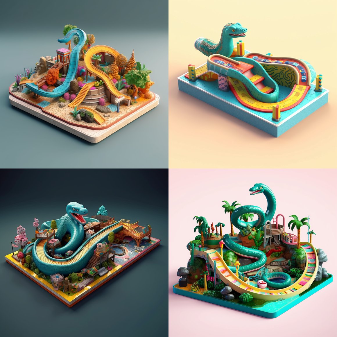 U-Shaped Fingerboarding Table at Waterpark with Giant Snake Monster Illustration