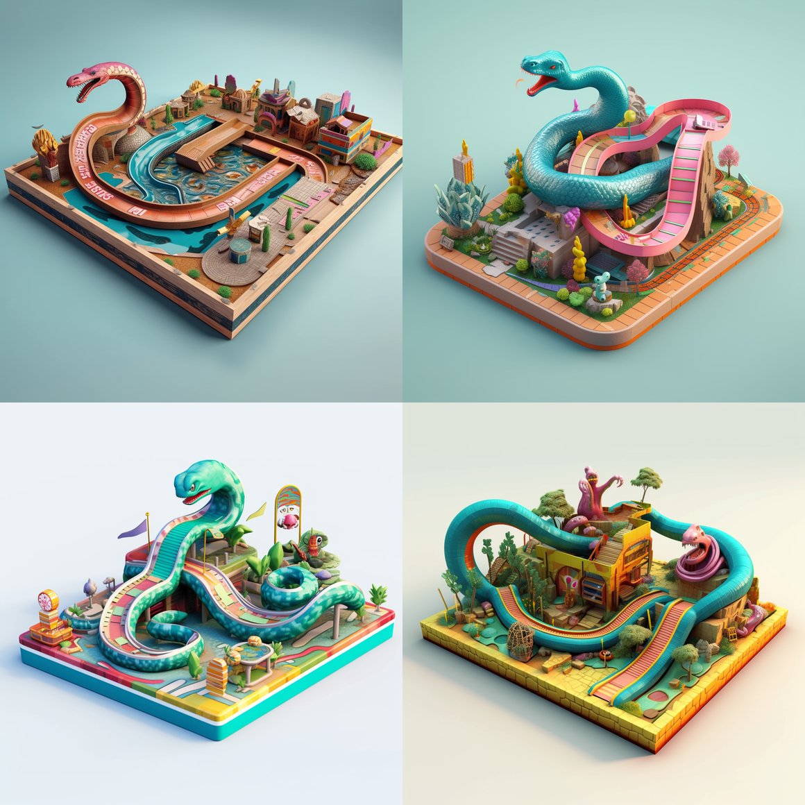 U-Shaped Fingerboarding Table at Waterpark with Giant Snake Monster Illustration