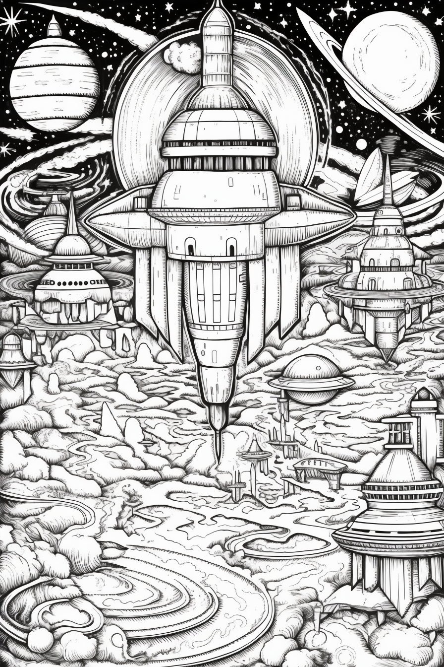 Retro Space-Themed Adult Coloring Book Page
