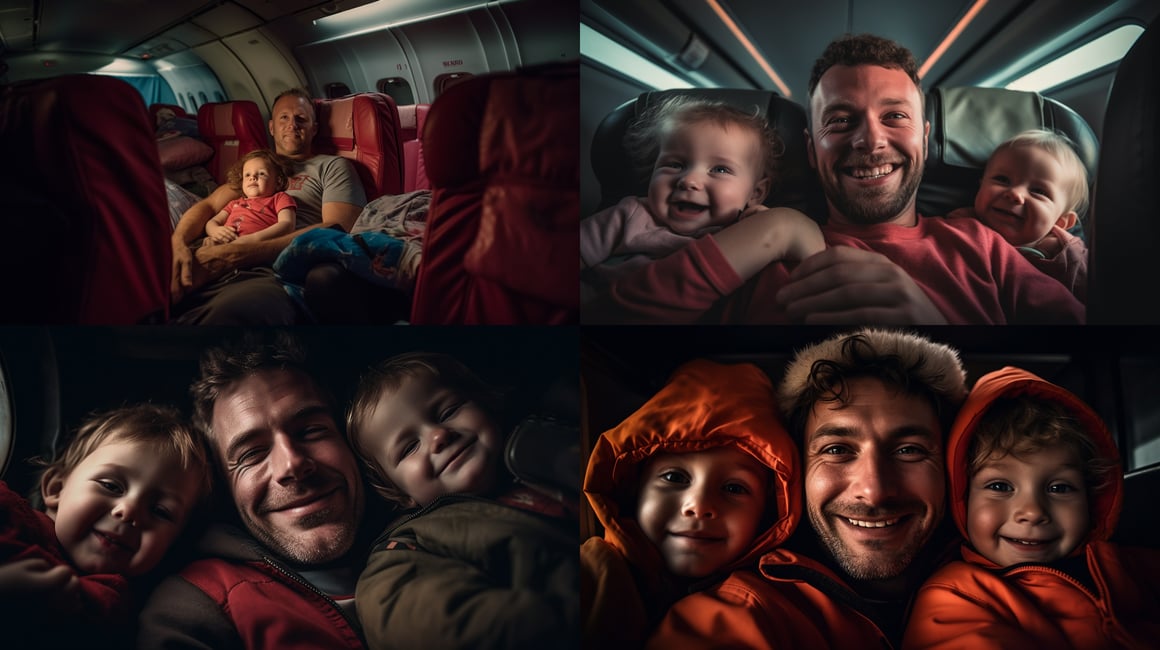 Happy Father with Sleeping Toddlers on Plane