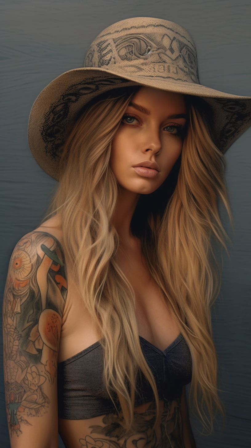 Sun-Kissed Tattooed Beauty: A Mid-Journey Portrait