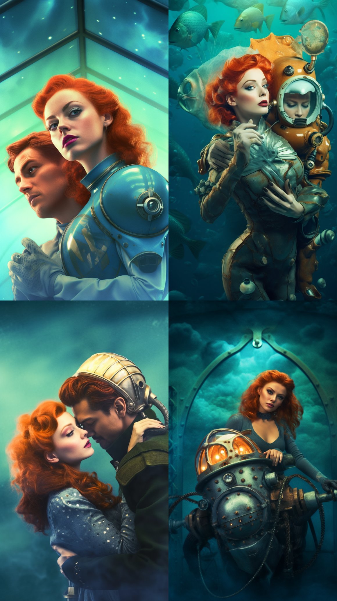 Retro Styled Beauty Portrait of a Mermaid and Diver