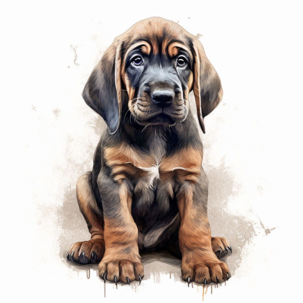Detail-Oriented Illustration of a Scruffy Baby Bloodhound in the Midst of its Journey