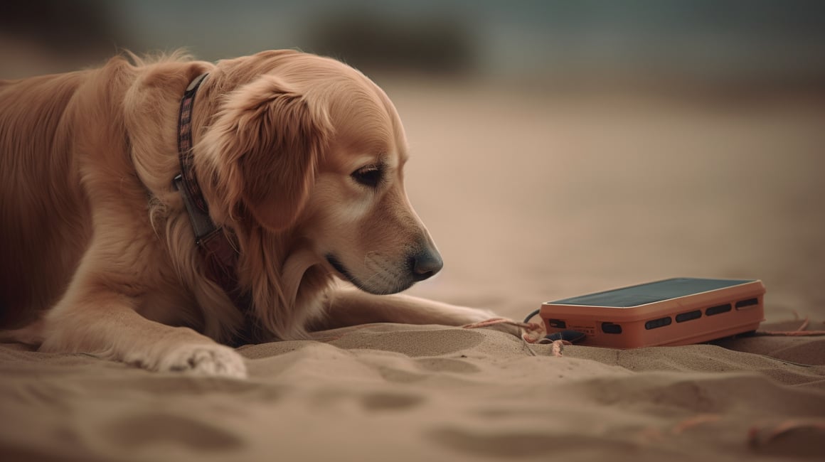 Summer's Virtual Companion - Beachside Golden Retriever Amidst Wi-Fi Signals