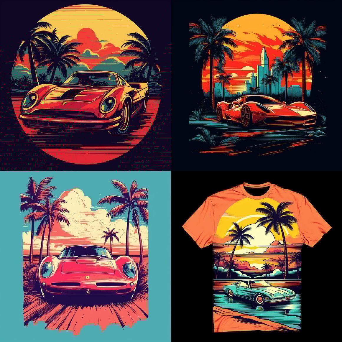 Retro Ferrari Racing Car Design in Surreal 3D Landscape for T-Shirt