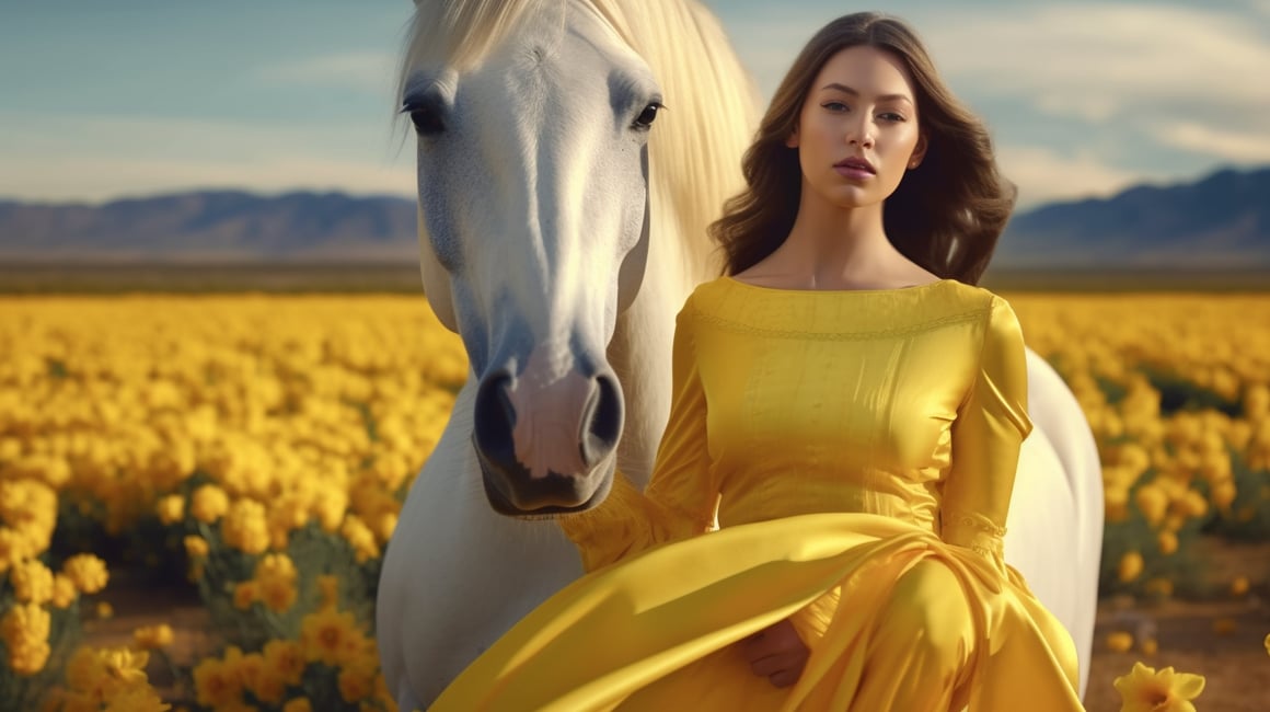 Retrato Cinemático de Mujer Pelirroja en Valle de Tulipanes al Atardecer