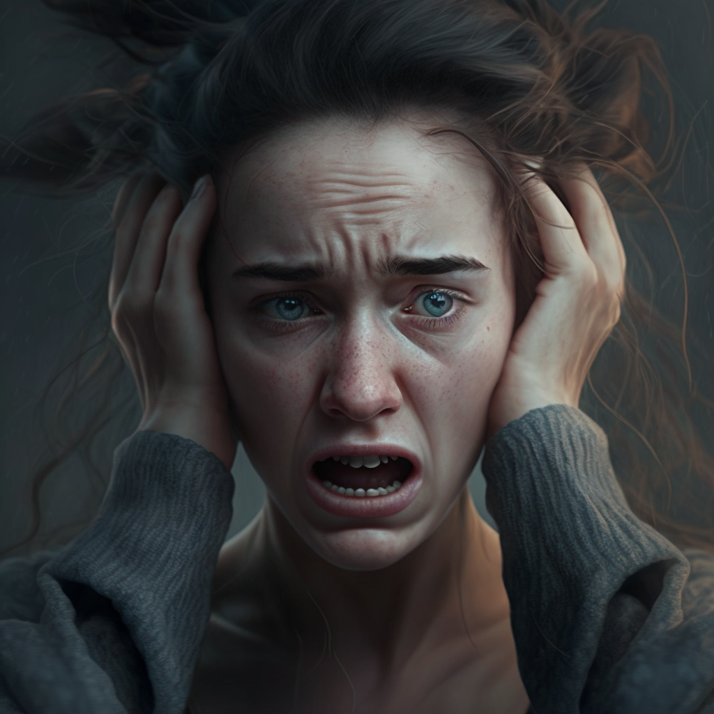 HD Photorealistic Portrait of an Overwhelmed Woman